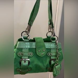 EUC KATHY Van Zeeland Green Suede And Crocodile Embossed Leather Shoulder Bag